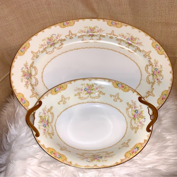 2/LOT Vintage 30's NORITAKE Japanese "Trojan Design China Serve Platter & Bowl - Picture 1 of 6